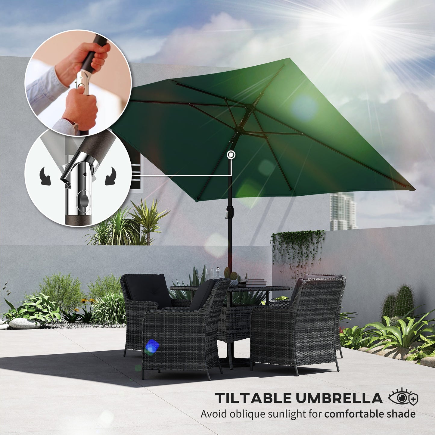 Garden Parasol, Outdoor Umbrella with Tilt Function, Green