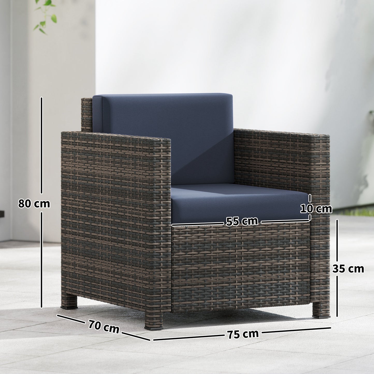 Rattan Garden Armchair, Cushioned Single Rattan Chair, Brown/Blue
