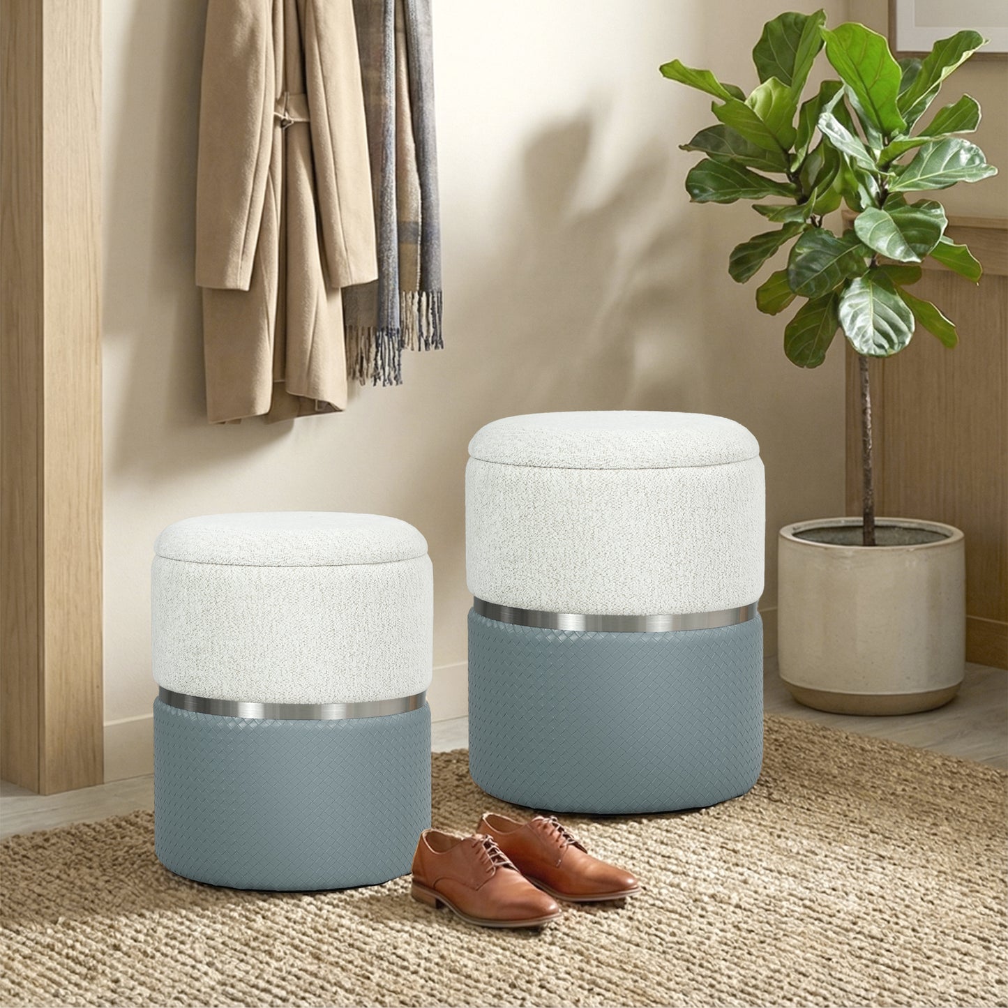 Round Storage Ottoman Set of 2, Nesting Footrest Stool, Cream & Grey