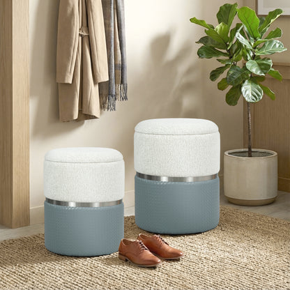Round Storage Ottoman Set of 2, Nesting Footrest Stool, Cream & Grey
