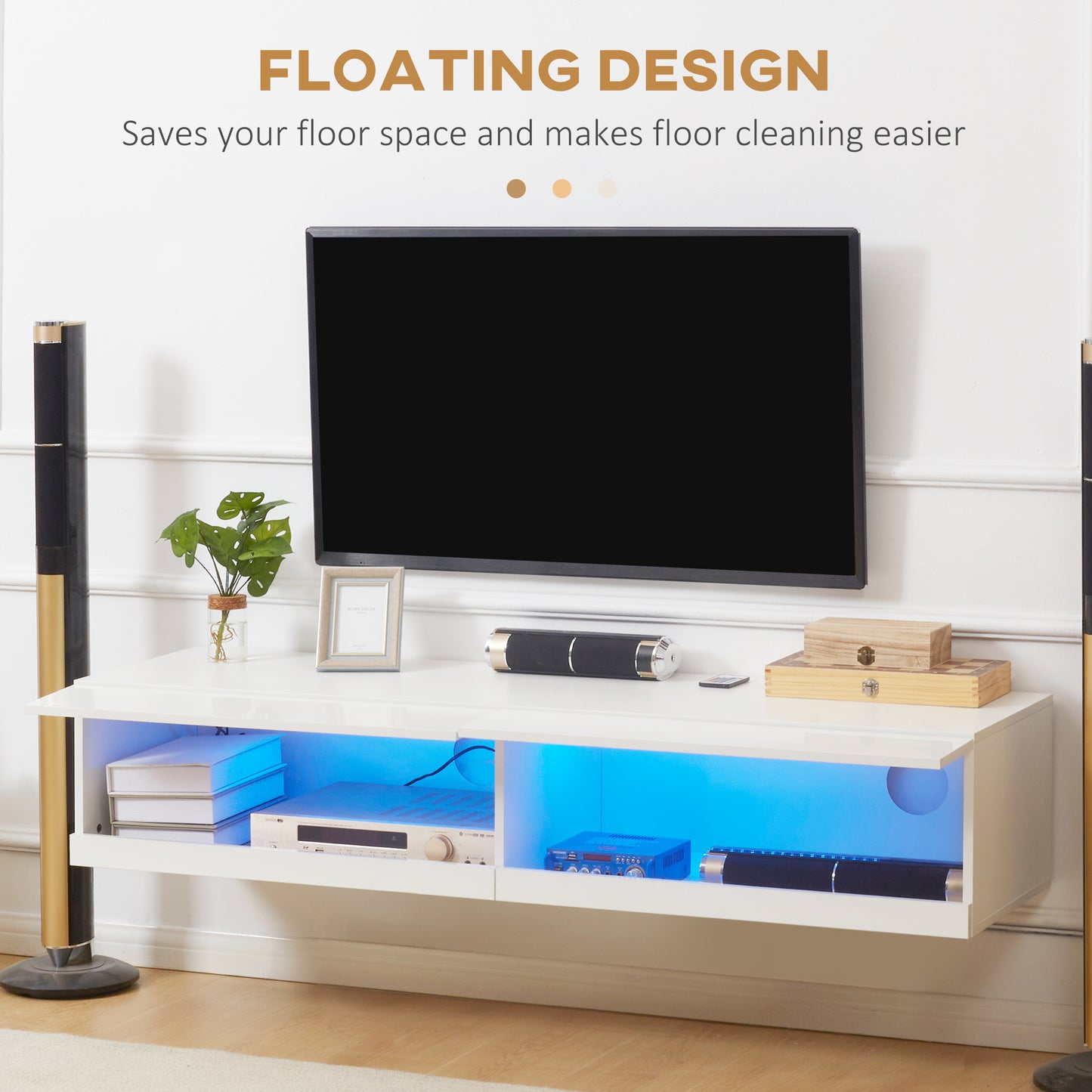 High Gloss TV Stand Unit Wall Mounted with LED Lights, White
