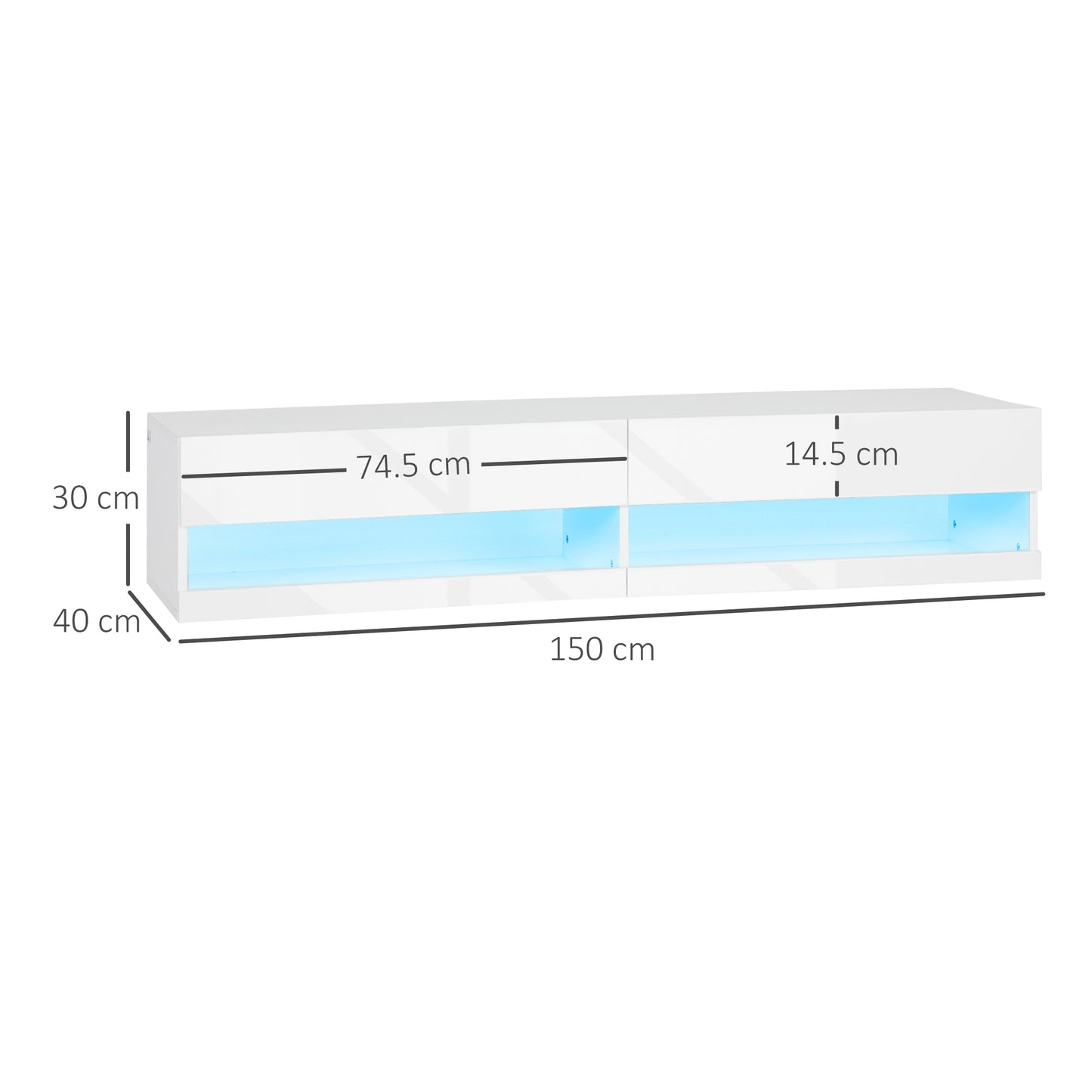 High Gloss TV Stand Unit Wall Mounted with LED Lights, White