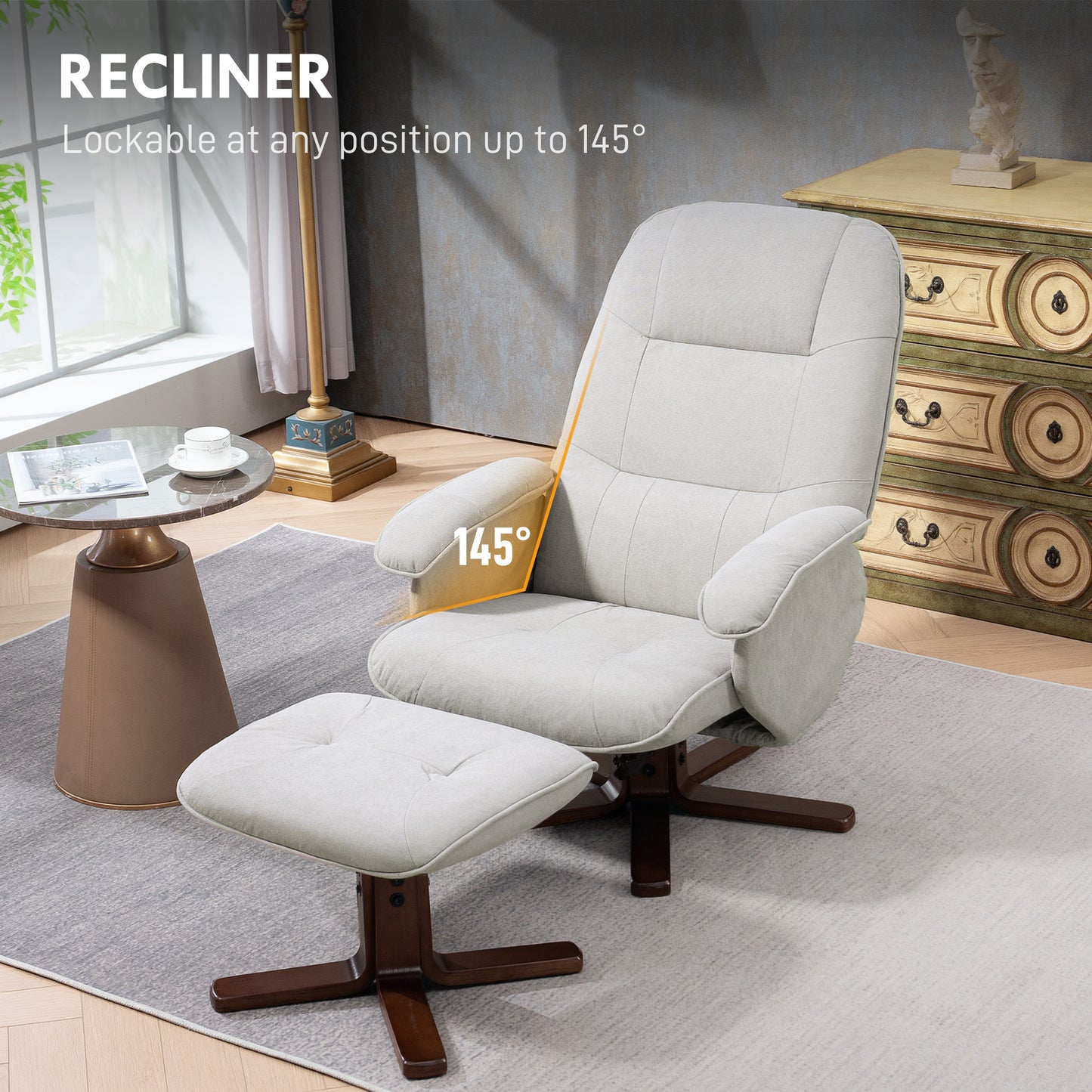 Swivel Recliner Chair with Footstool and Wooden Base, Light Grey