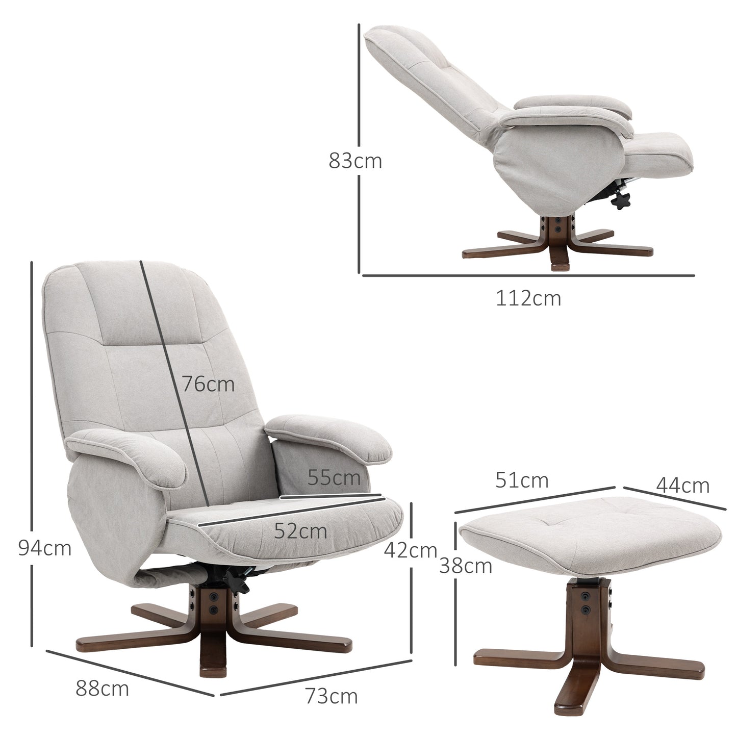 Swivel Recliner Chair with Footstool and Wooden Base, Light Grey