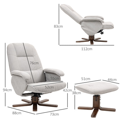 Swivel Recliner Chair with Footstool and Wooden Base, Light Grey