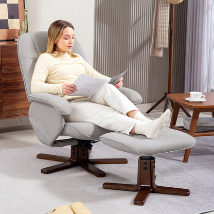 Swivel Recliner Chair with Footstool and Wooden Base, Light Grey