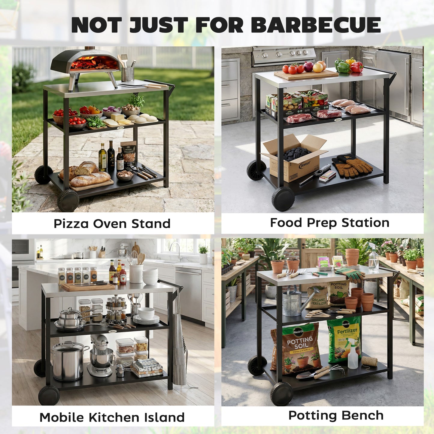 Outdoor Grill Cart, Food Prep Table on Wheels, Black