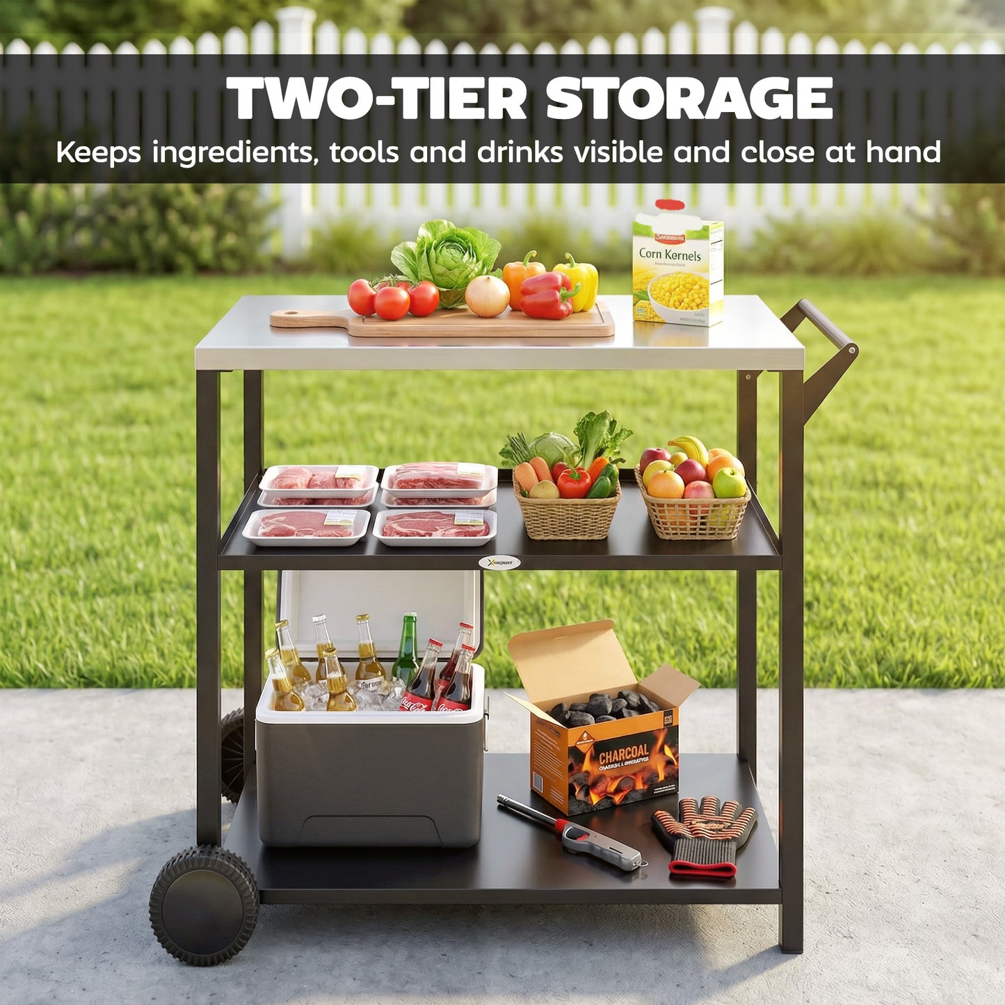 Outdoor Grill Cart, Food Prep Table on Wheels, Black