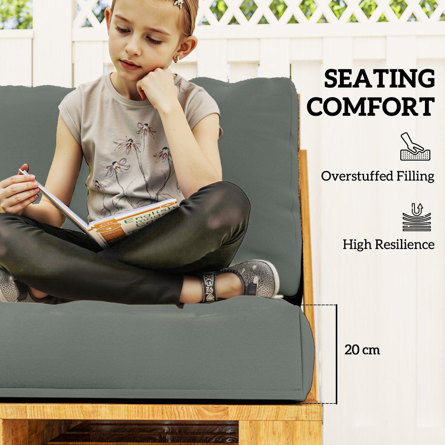 2 Seat Pallet Cushions 20cm Thick Outdoor Seat Pads, Charcoal Grey
