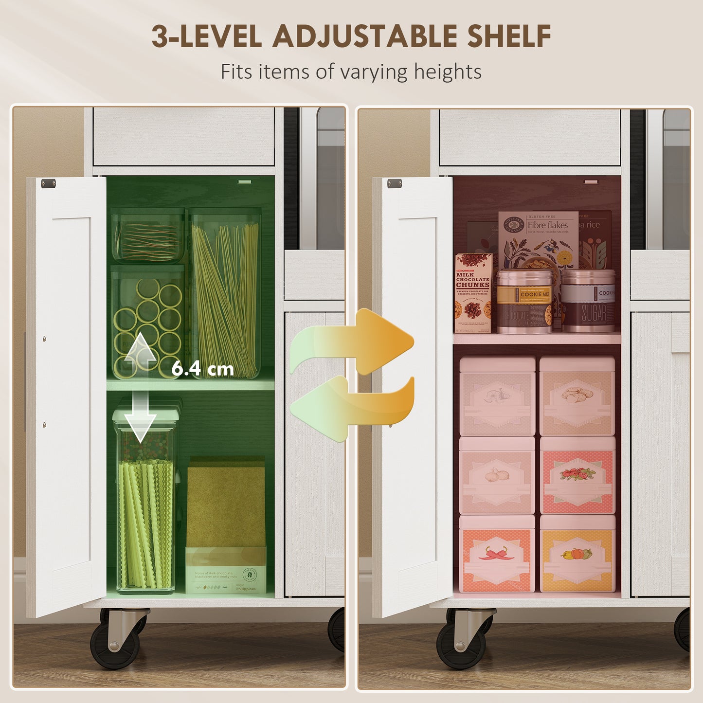 Rolling Kitchen Cart, Microwave Cabinet, Sliding Tray, Drawer, 3-Door Cupboards, Adjustable Shelf, Open Compartment, Kitchen Island, Dining Room, White