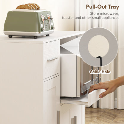 Rolling Kitchen Cart, Microwave Cabinet, Sliding Tray, Drawer, 3-Door Cupboards, Adjustable Shelf, Open Compartment, Kitchen Island, Dining Room, White