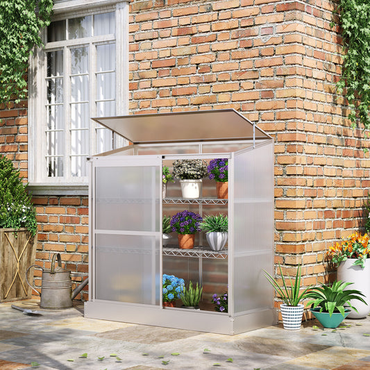 Outsunny 3 Tier Greenhouse Garden Outdoor Cold Frame Plant Flower Growth Transparent Polycarbonate Board Openable Roof Sliding Door w / Foundation 131L x 58W x 140H cm