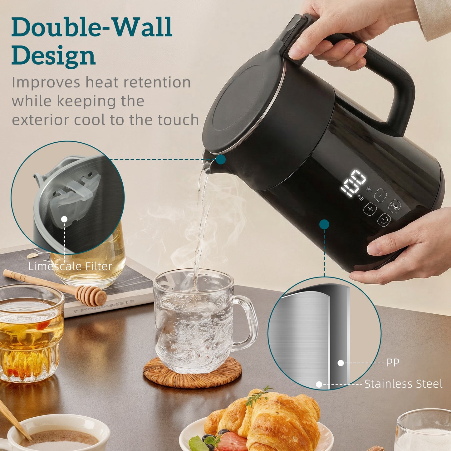 Electric Kettle, 1.7L Fast Boil 3kW Water Kettle with UK Strix Thermostat, LED Display, Keep Warm Function, Auto Shut-off and Boil-Dry Protection, Black