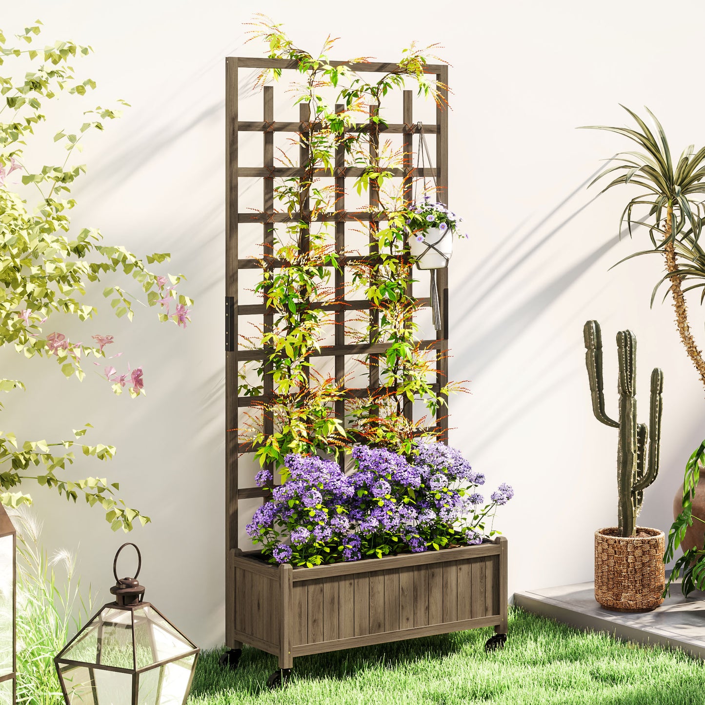 Wooden Trellis Planter, Raised Garden Bed with Wheels, Brown