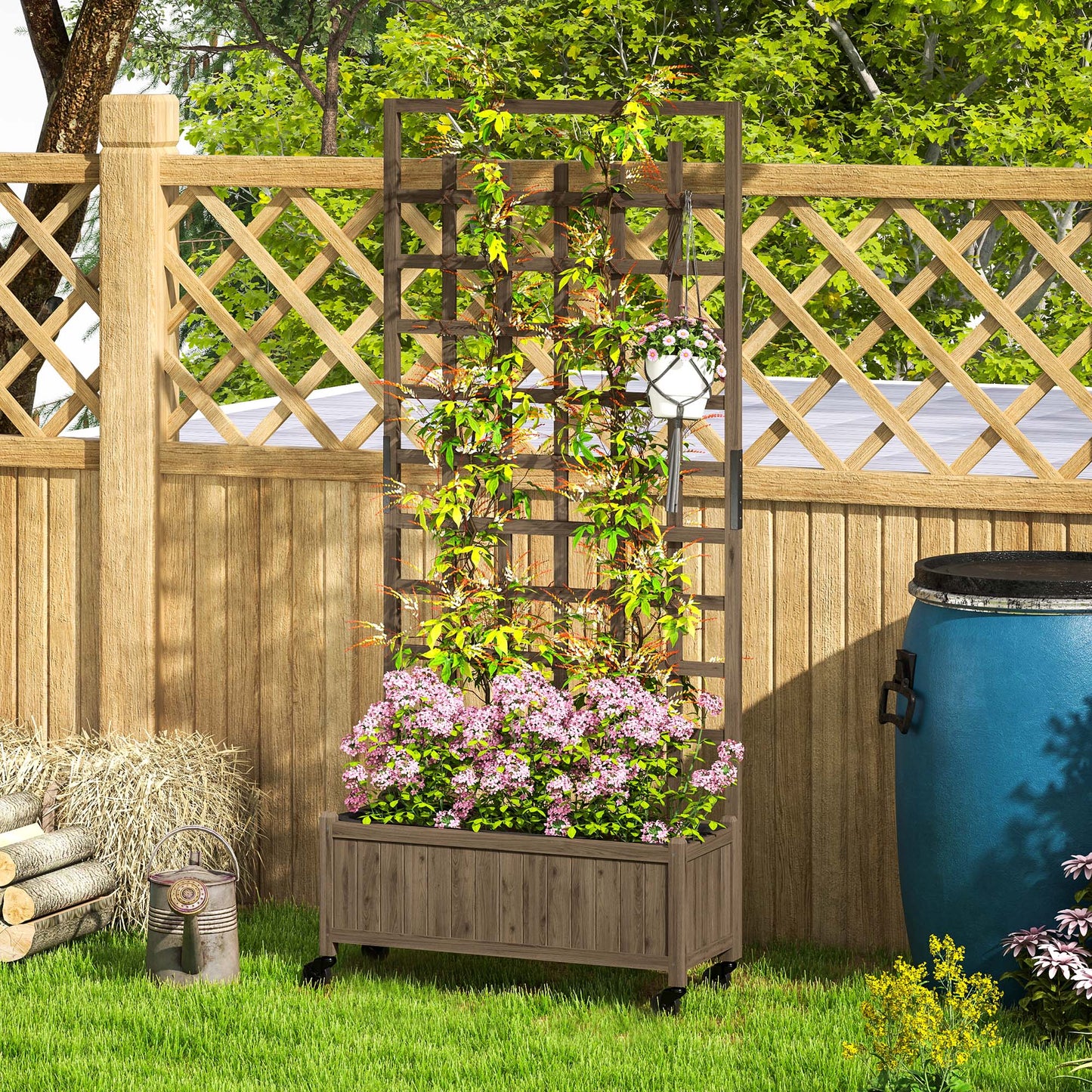 Wooden Trellis Planter, Raised Garden Bed with Wheels, Brown