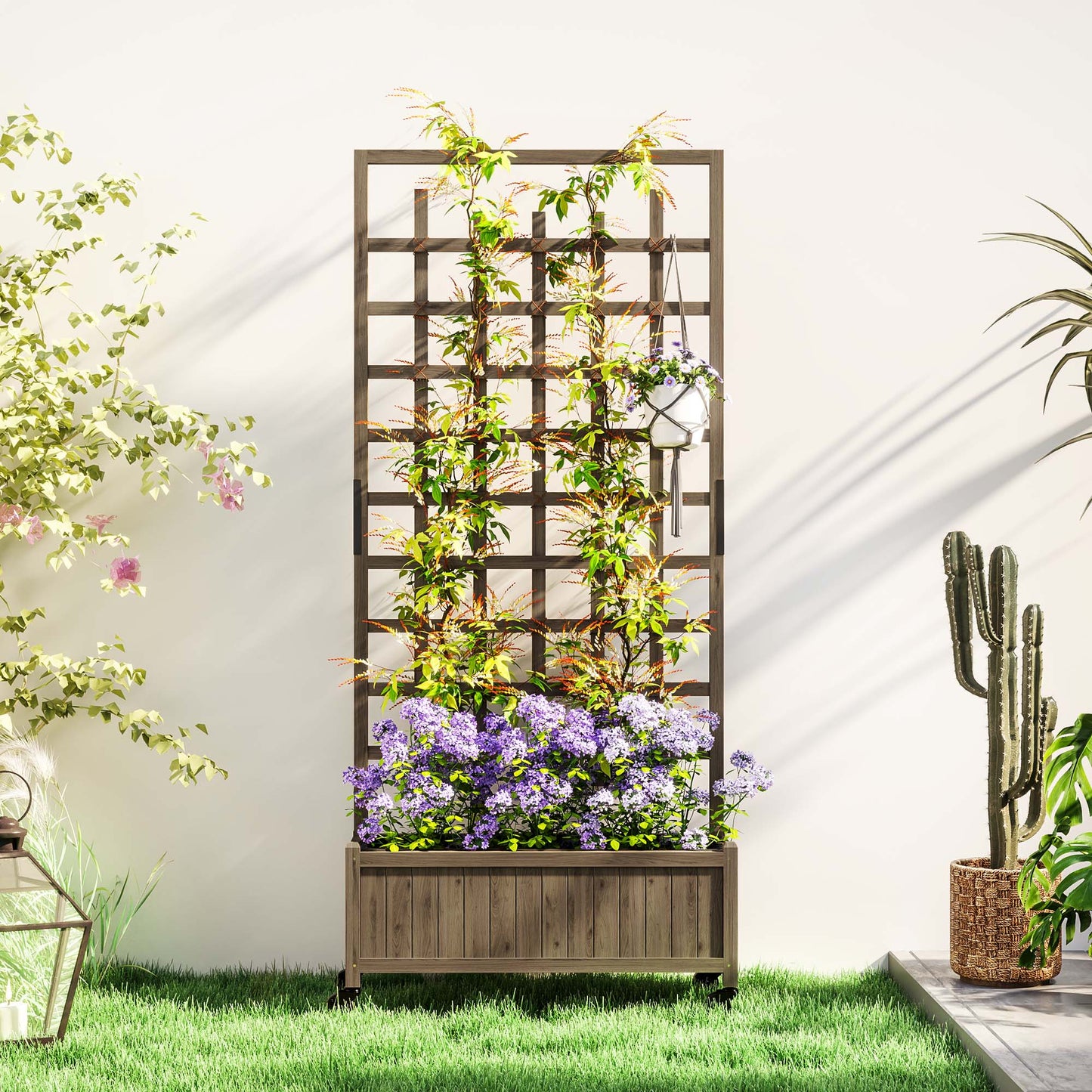 Wooden Trellis Planter, Raised Garden Bed with Wheels, Brown