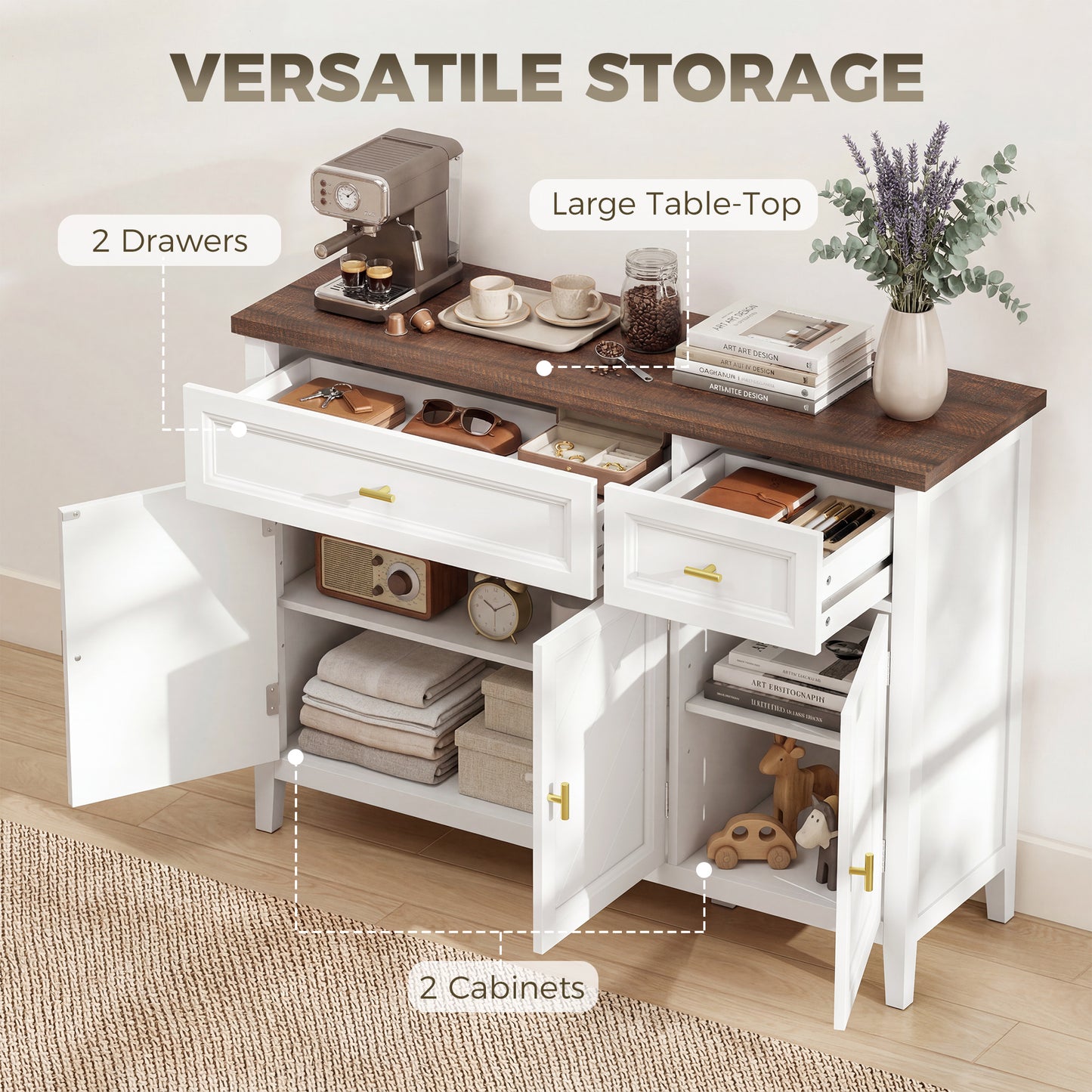 Sideboard with Thick Top, Modern Storage Cabinet, Kitchen Cupboard with 3 Doors, 2 Drawers and Adjustable Shelves for Dining Room, Living Room, White and Brown Wood Effect