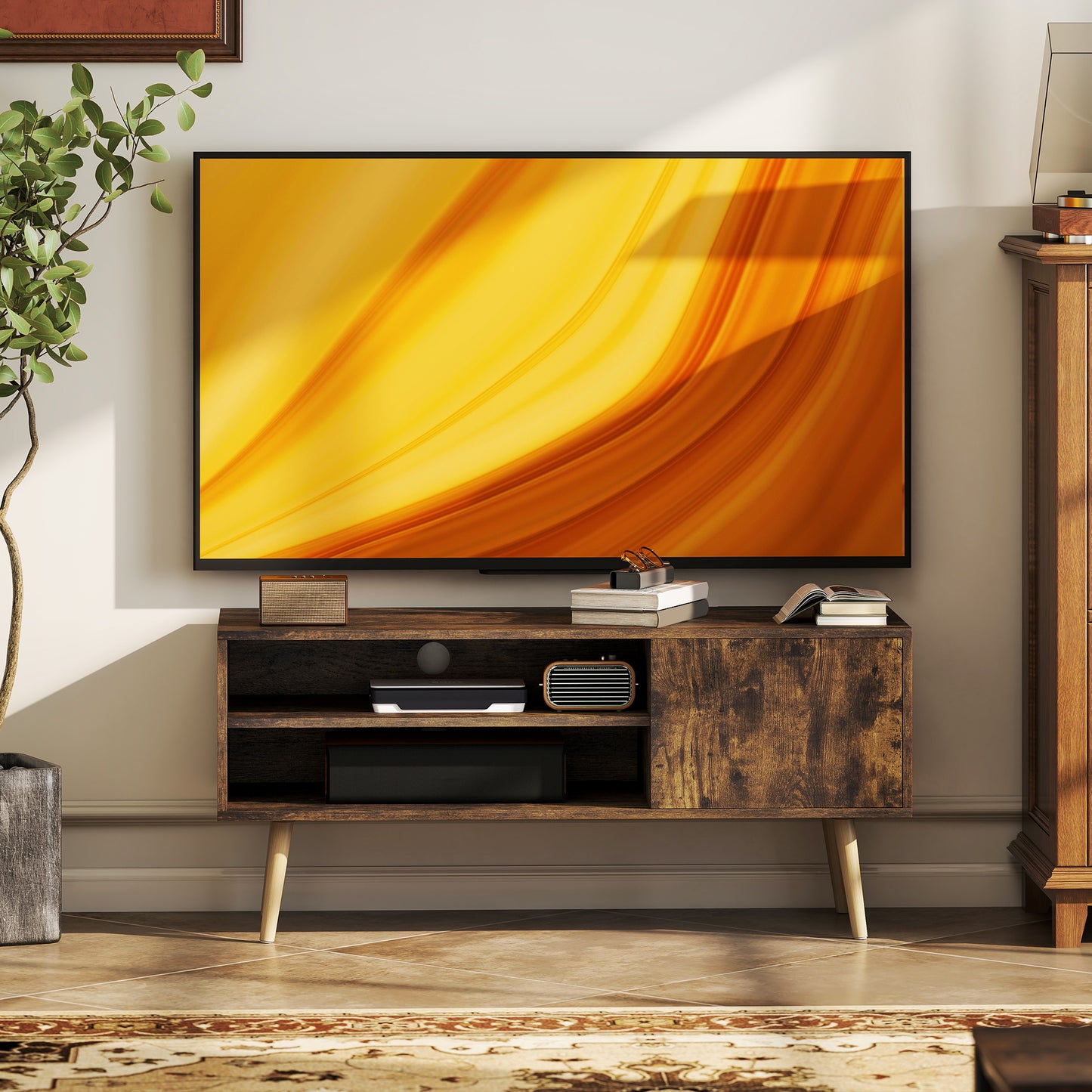 TV Unit Cabinet for TVs up to 55Inches with Cupboard Shelves, Brown