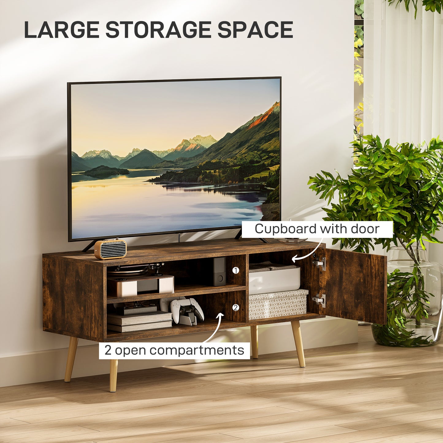 TV Unit Cabinet for TVs up to 55Inches with Cupboard Shelves, Brown