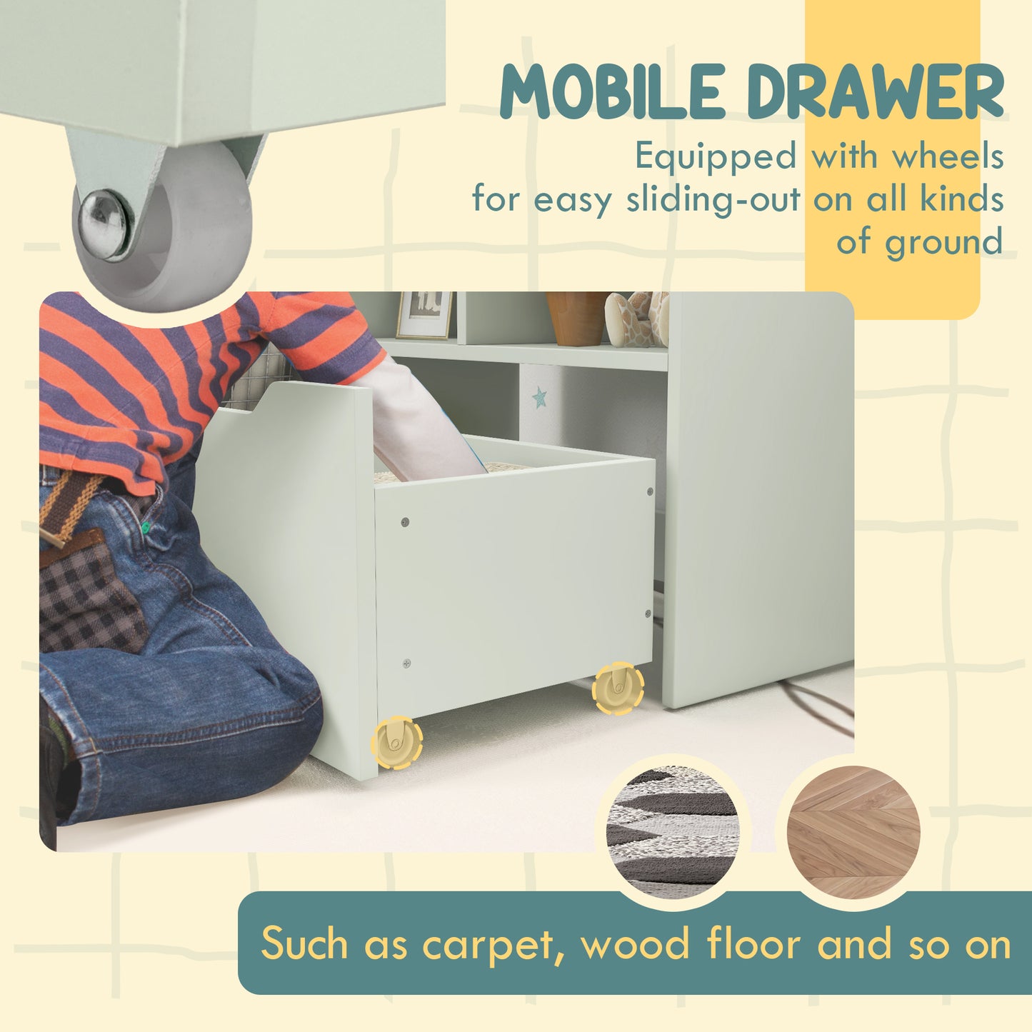 Kids Bookshelf, Toy Organiser, with Storage Drawer, Wheels - Green