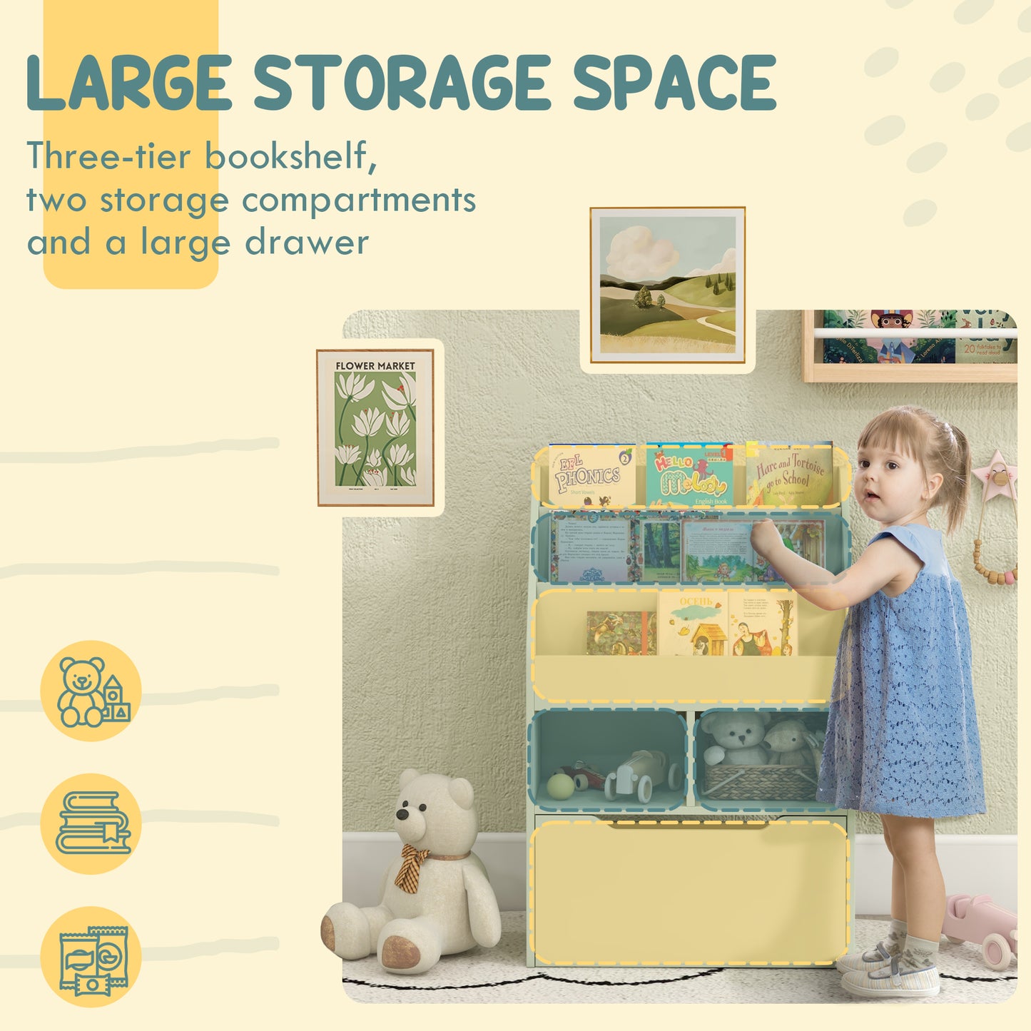 Kids Bookshelf, Toy Organiser, with Storage Drawer, Wheels - Green