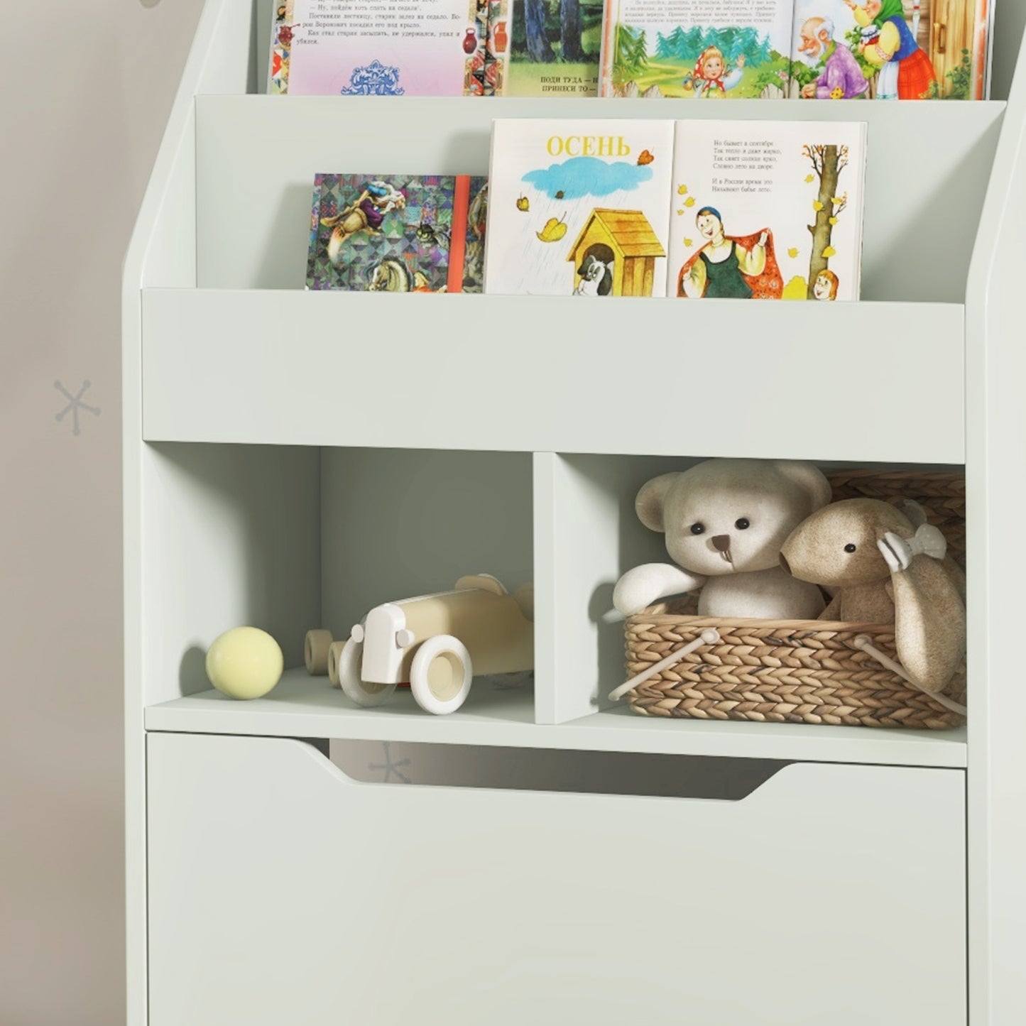 Kids Bookshelf, Toy Organiser, with Storage Drawer, Wheels - Green