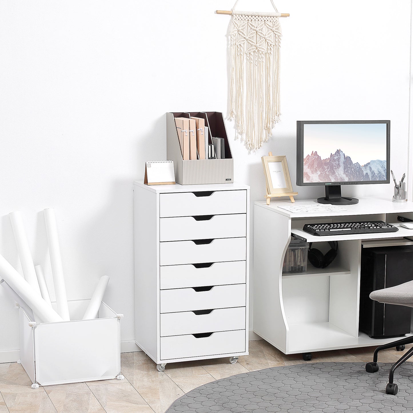Mobile Filing Cabinet, 7-drawer File Cabinet with Wheels, White