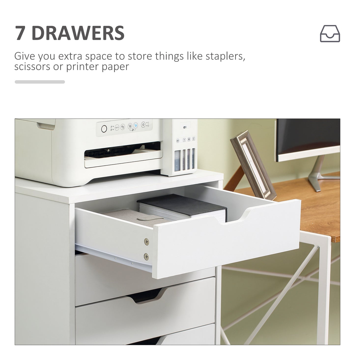 Mobile Filing Cabinet, 7-drawer File Cabinet with Wheels, White