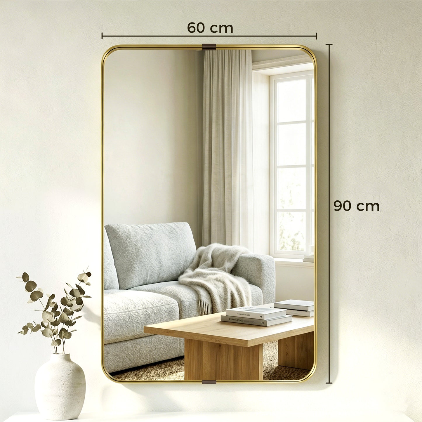 Wall Mirror with Elevated Aluminium Alloy Frame, 60 x 90 cm Bathroom Mirror with Tempered Glass for Living Room, Bedroom, Hallway, Gold Tone