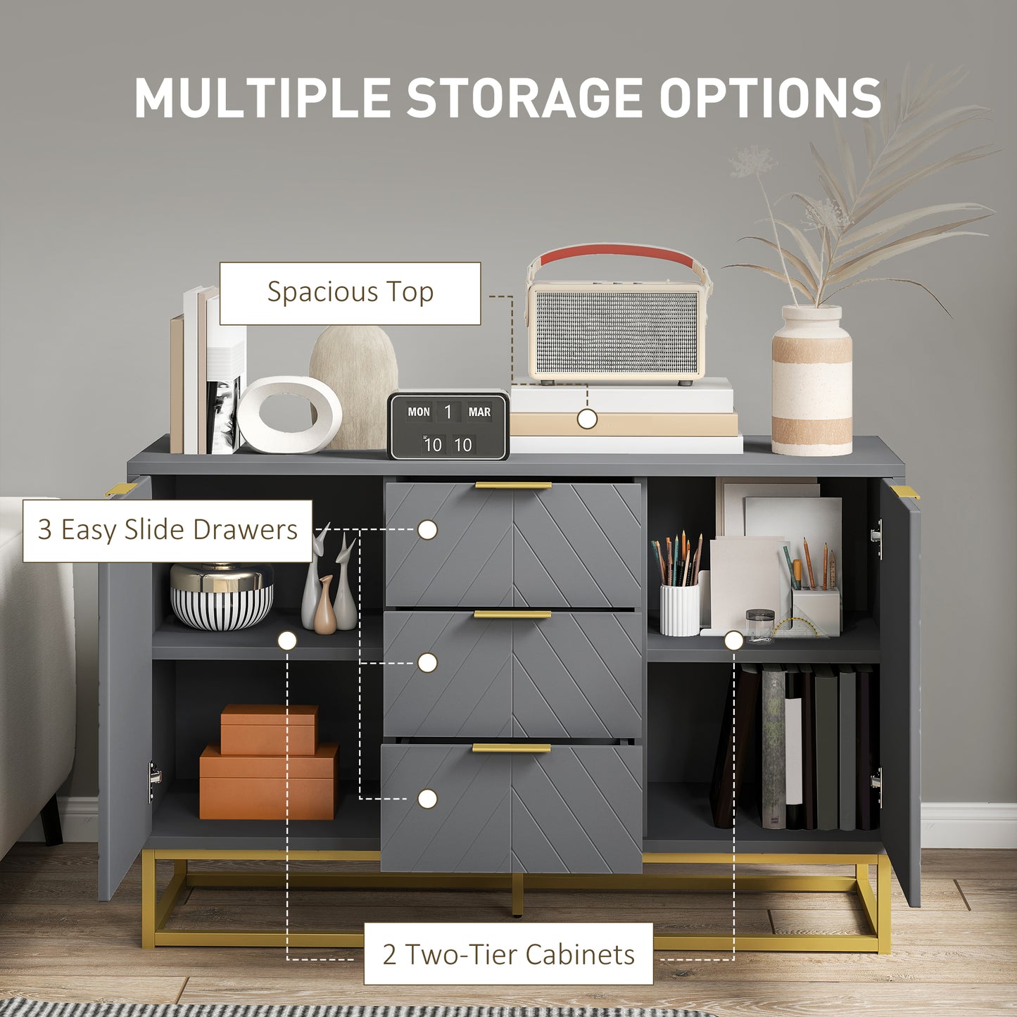 Sideboard Storage Cabinet with Adjustable Shelves, Grey