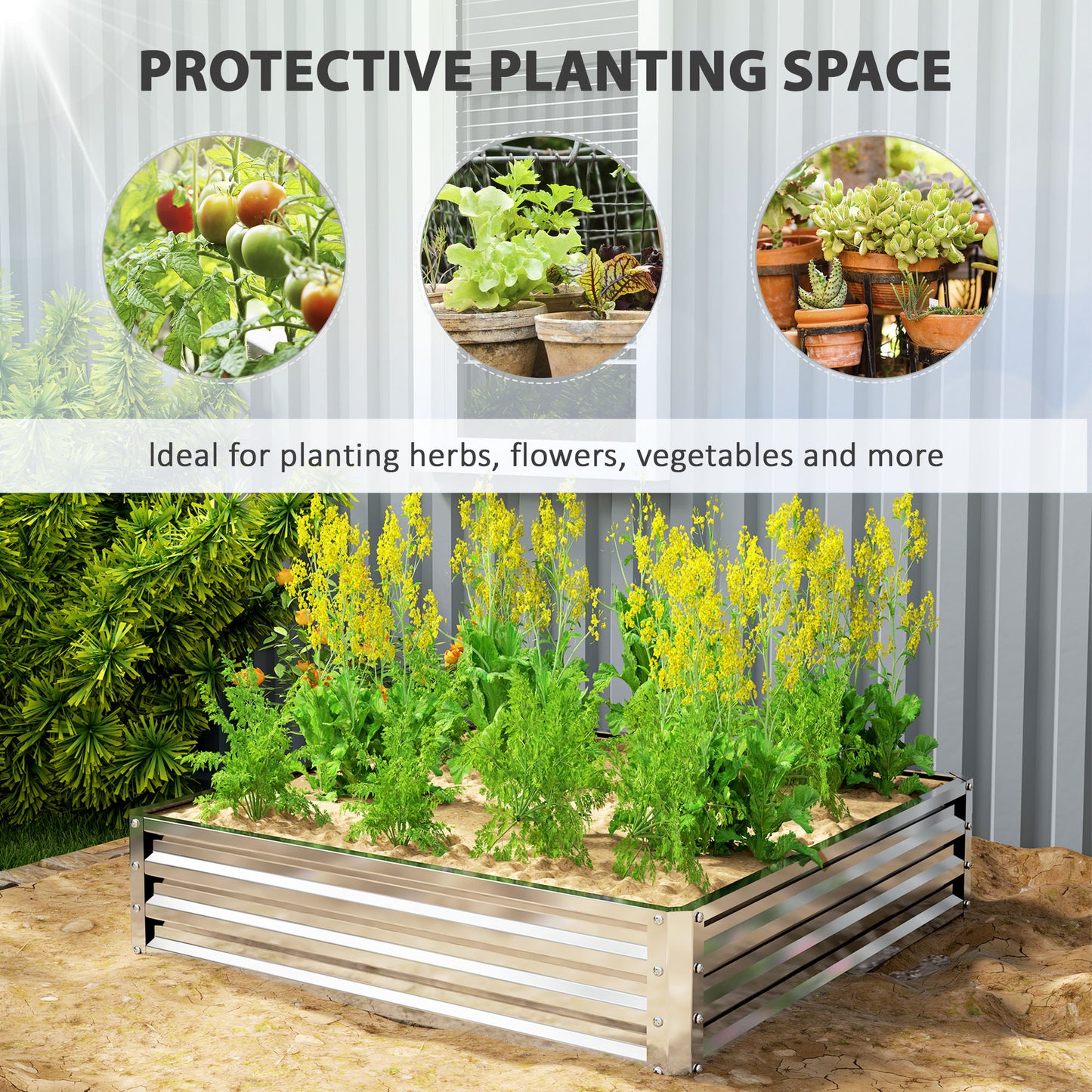 Raised Garden Bed Metal Patio Backyard Flower Planter, Silver Tone