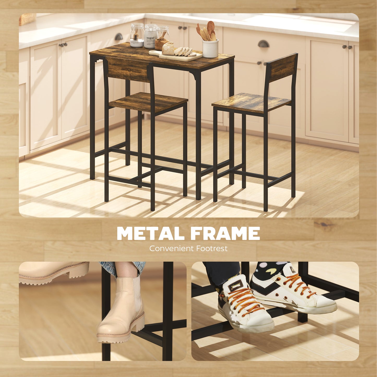Bar Table and Stools Set, Kitchen Table and 2 Chairs with Backrest, Footrest
