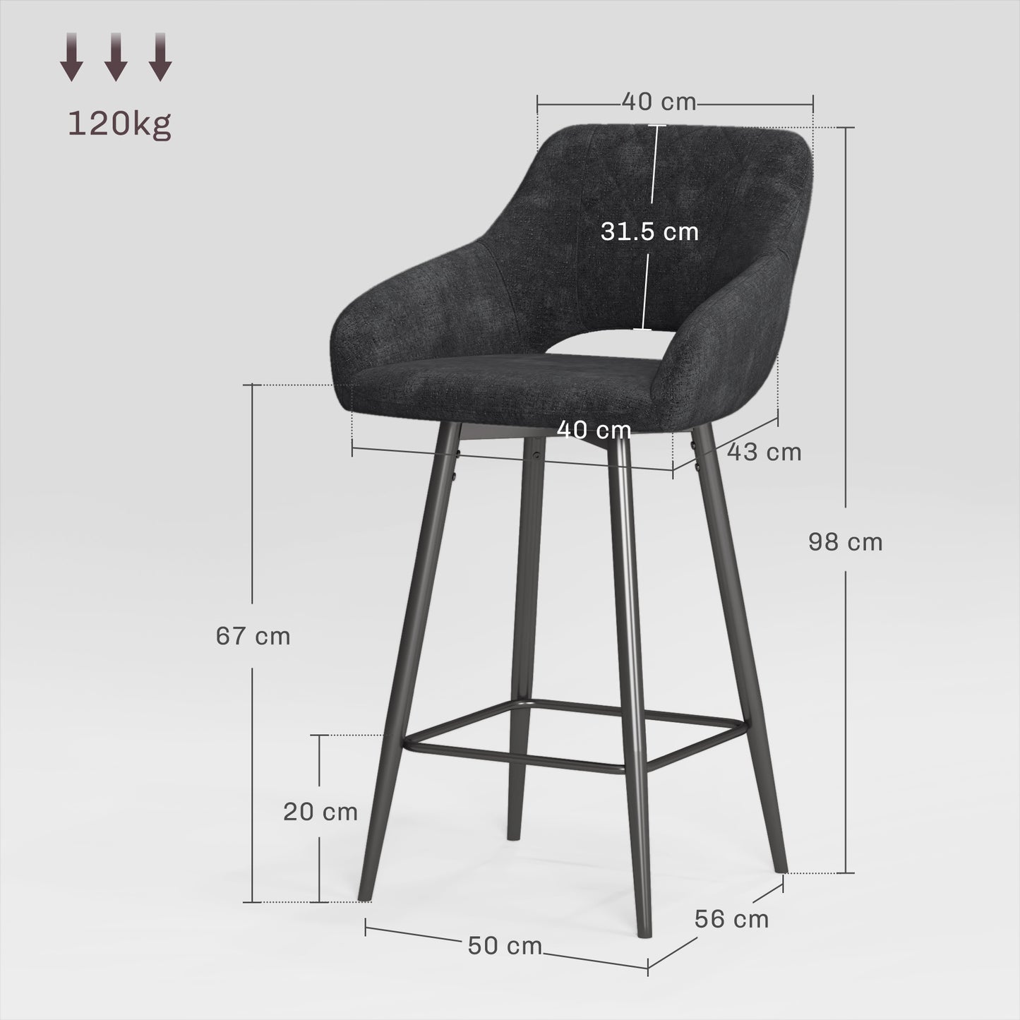 Bar Stools Set of 2 Velvet-Touch Fabric Counter Bar Chairs Dark Grey