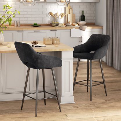 Bar Stools Set of 2 Velvet-Touch Fabric Counter Bar Chairs Dark Grey