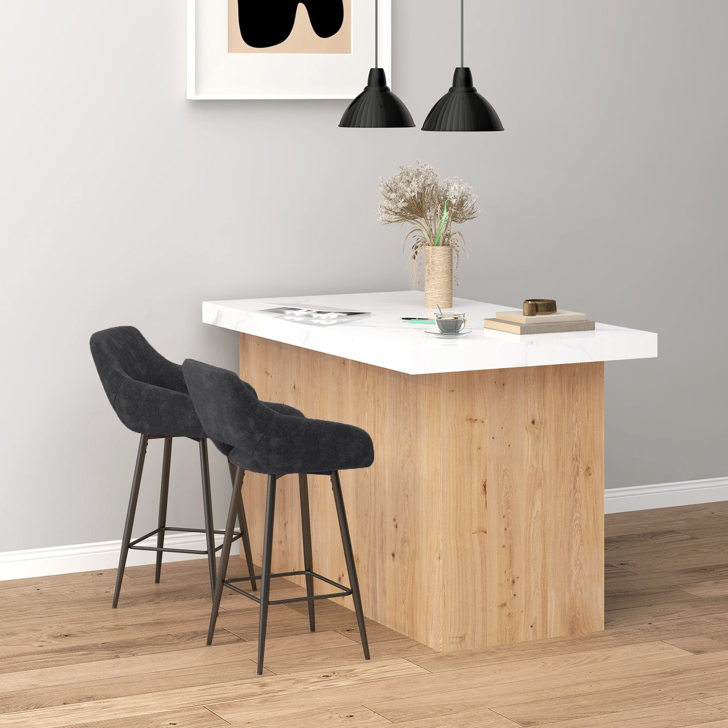 Bar Stools Set of 2 Velvet-Touch Fabric Counter Bar Chairs Dark Grey