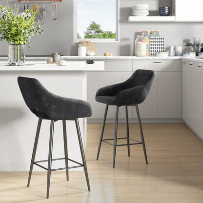 Bar Stools Set of 2 Velvet-Touch Fabric Counter Bar Chairs Dark Grey