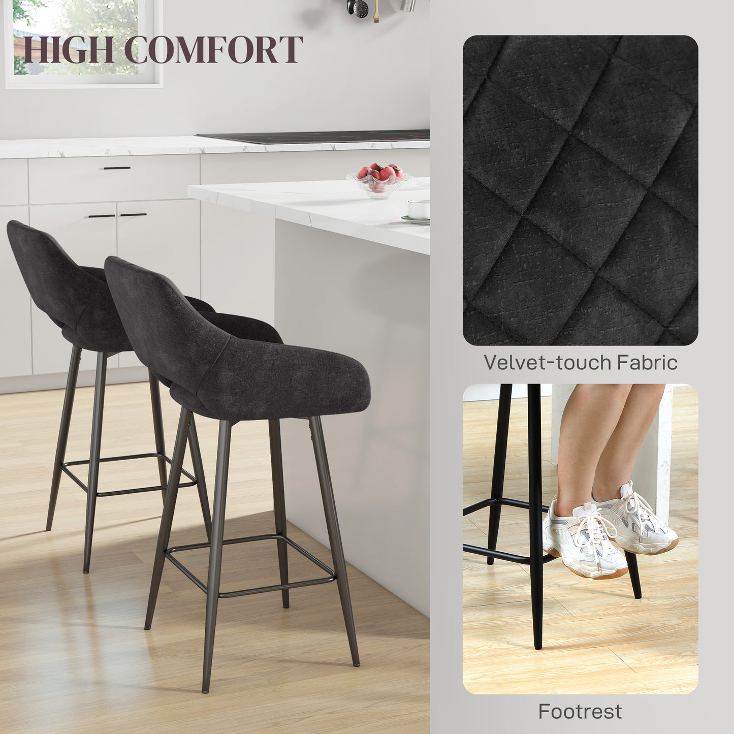 Bar Stools Set of 2 Velvet-Touch Fabric Counter Bar Chairs Dark Grey