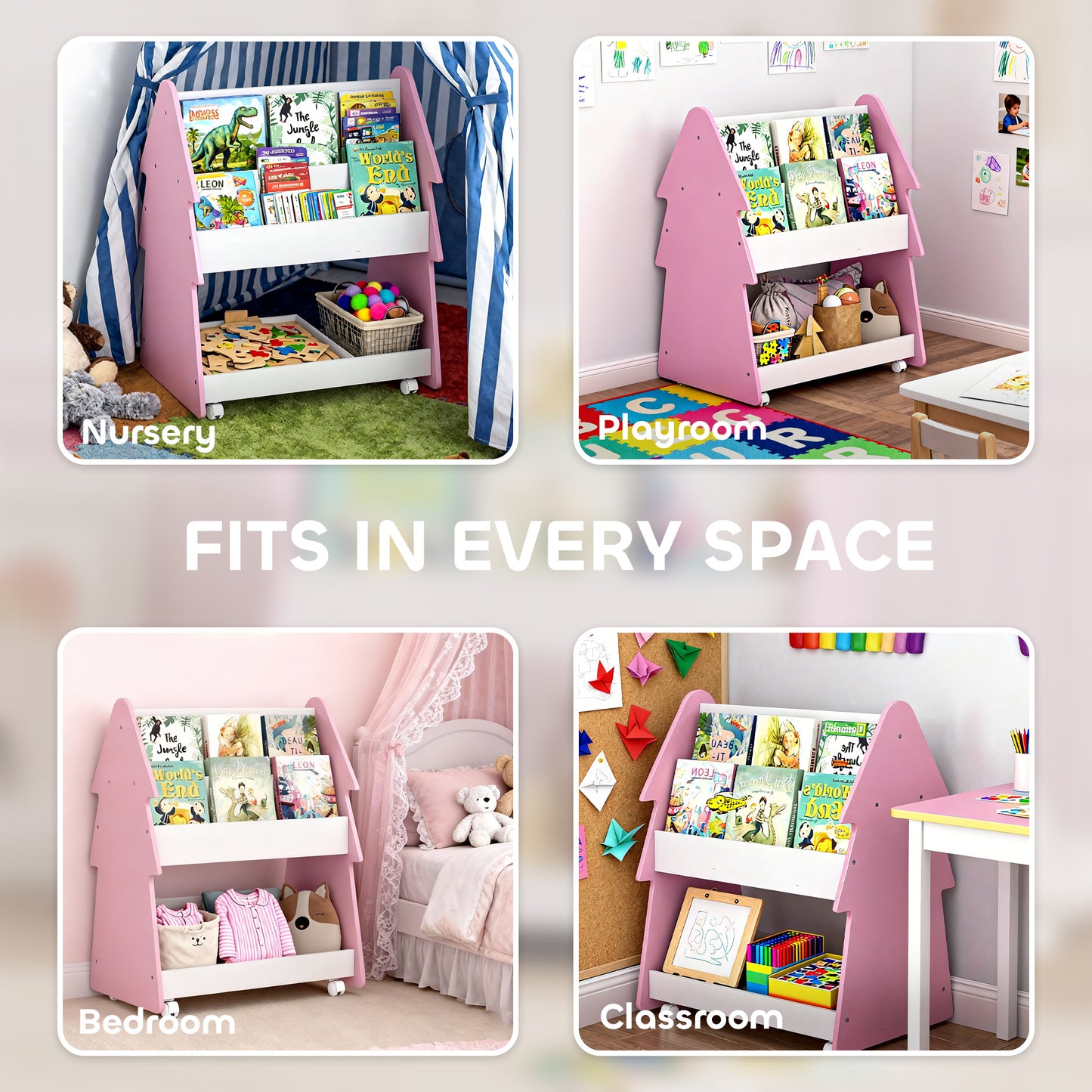 Double-Sided Children's Bookcase with Wheels for Playroom, Pink