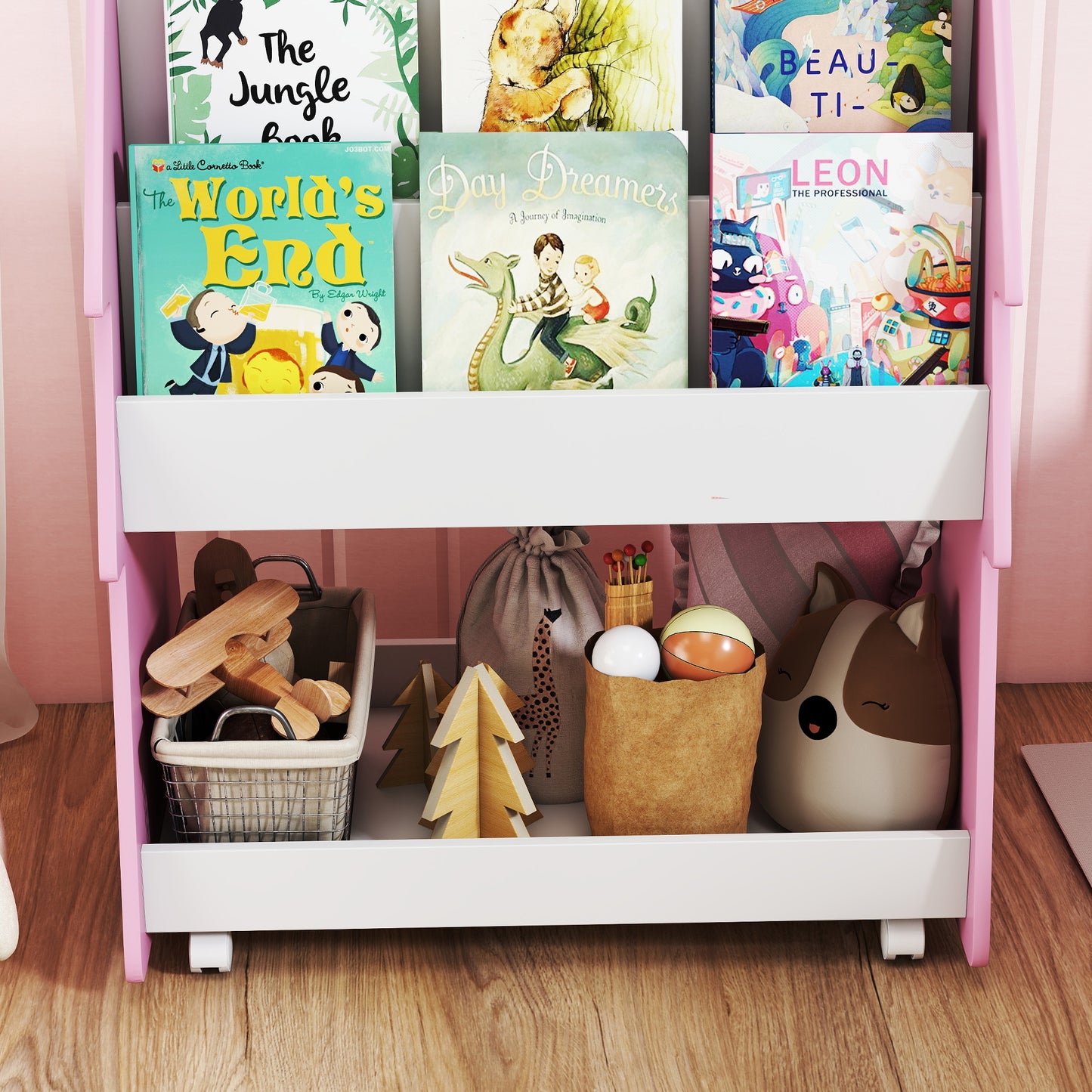 Double-Sided Children's Bookcase with Wheels for Playroom, Pink