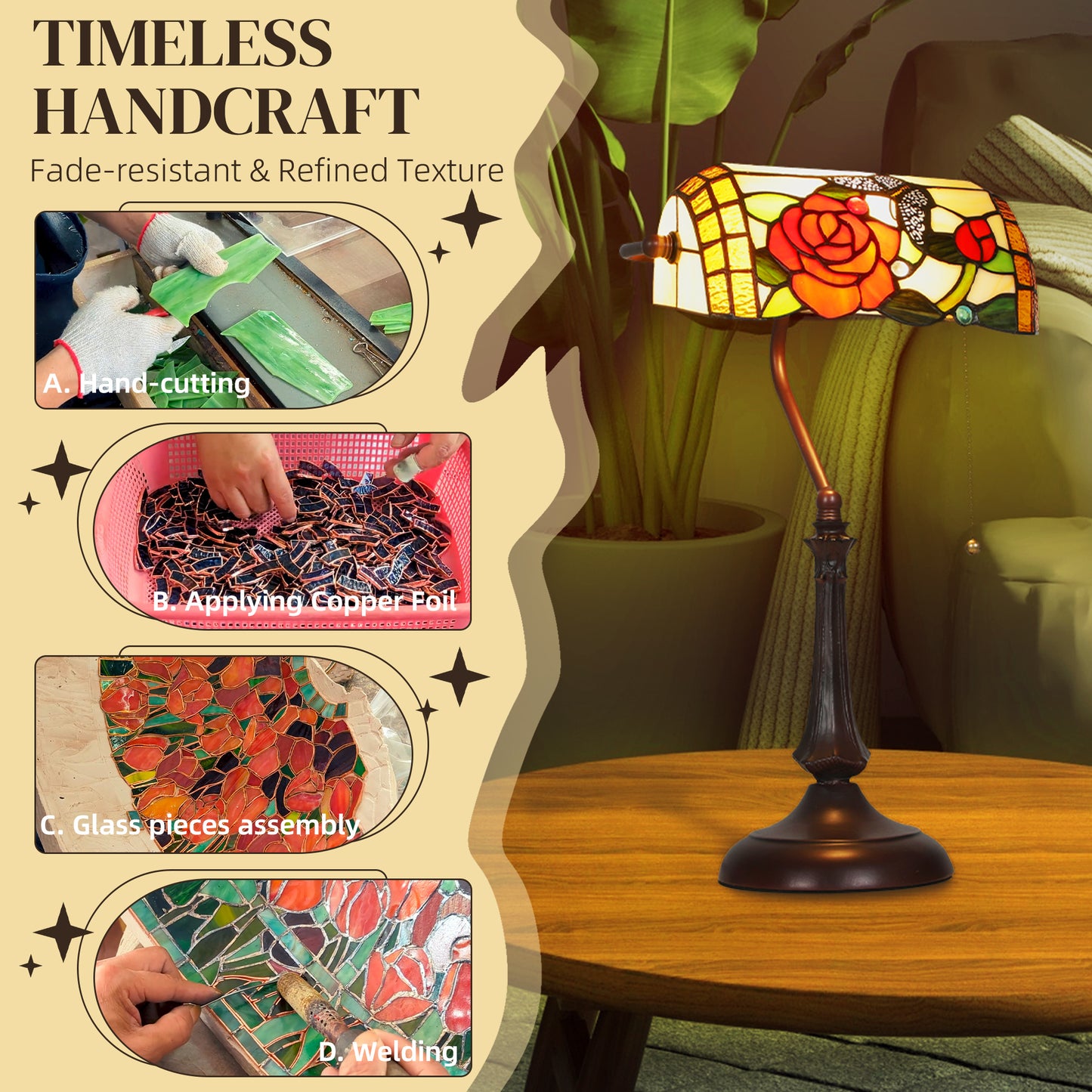 Tiffany-Style Stained Glass Table Lamp, Handcrafted Antique Bedside