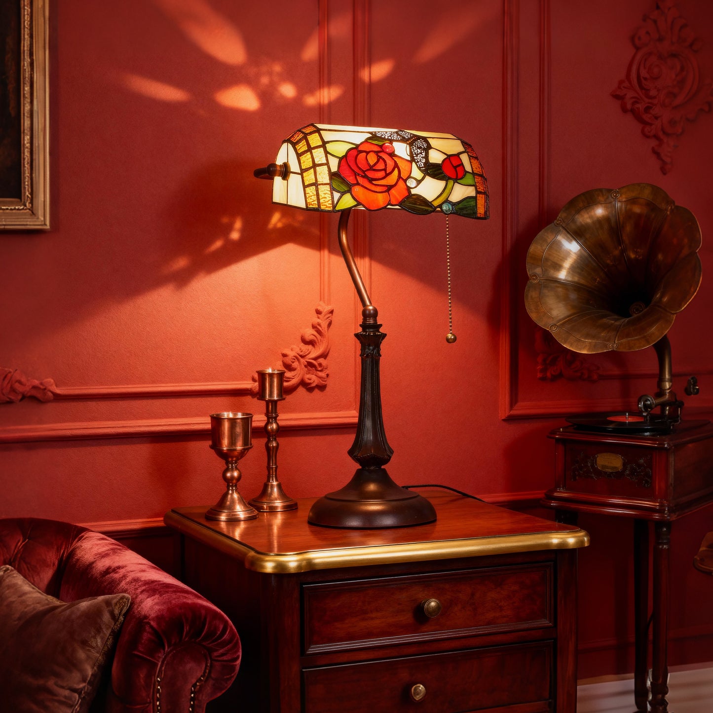 Tiffany-Style Stained Glass Table Lamp, Handcrafted Antique Bedside