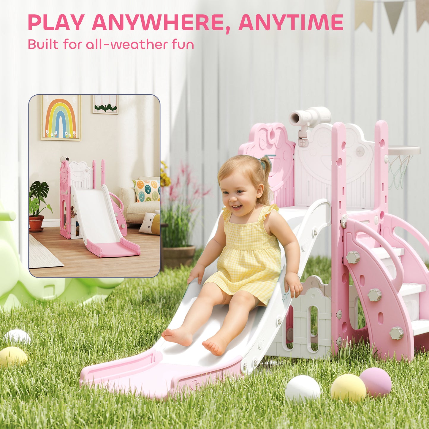 5 in 1 Toddler Slide Set with Basketball Hoop for Age 1-3, Pink
