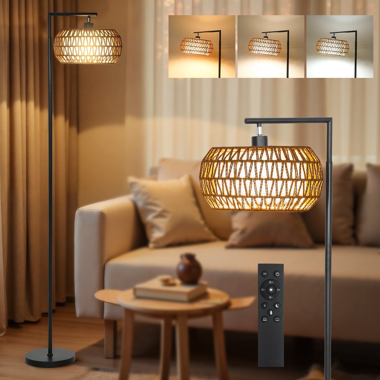 Dimmable Standing Lamp with Double Shade, Boho Floor Lamp, Black