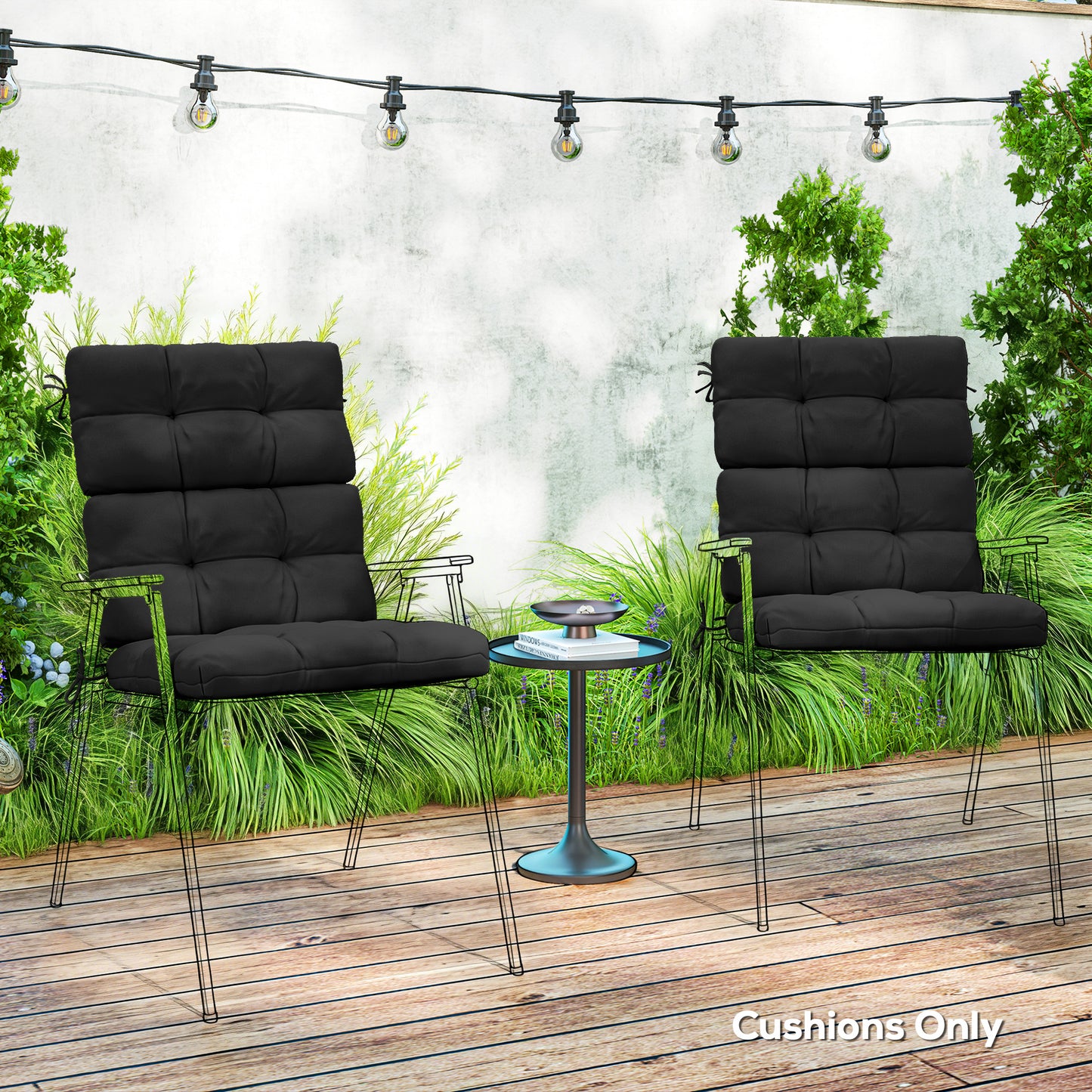2pc Outdoor Seat Cushion with Backrest, Ties, for Garden, Black