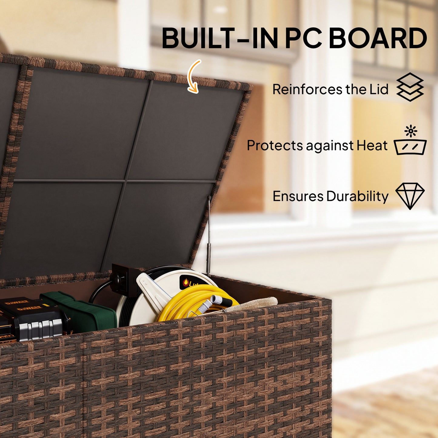 650L Garden Storage Box with Wheels, Waterproof Liner, Mixed Brown