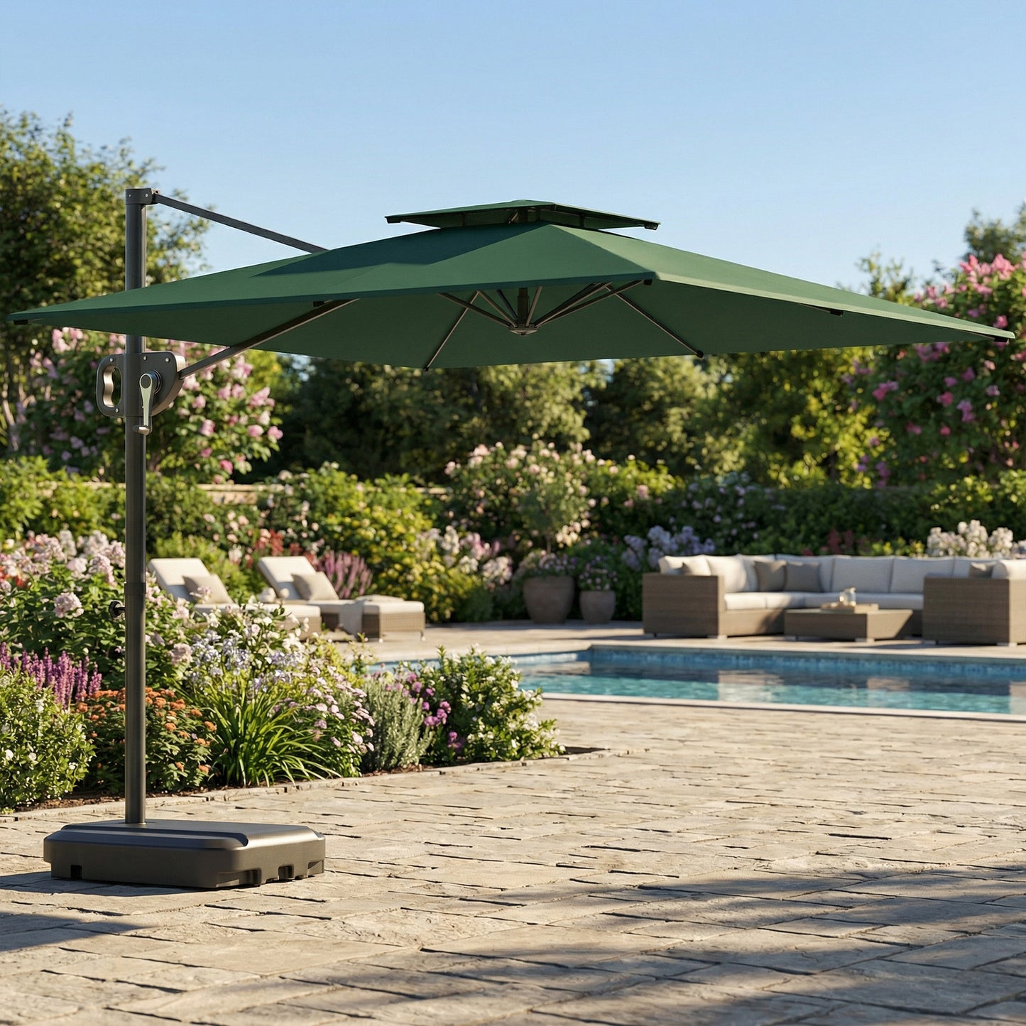 Garden Cantilever Parasol w/ Weighted Base Tilt Crank Dark Green