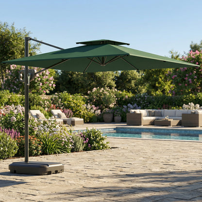 Garden Cantilever Parasol w/ Weighted Base Tilt Crank Dark Green
