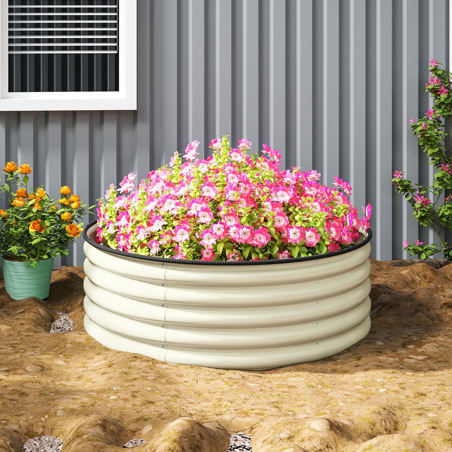Galvanised Planter with Gloves, 120 x 120 x 43cm, Cream White