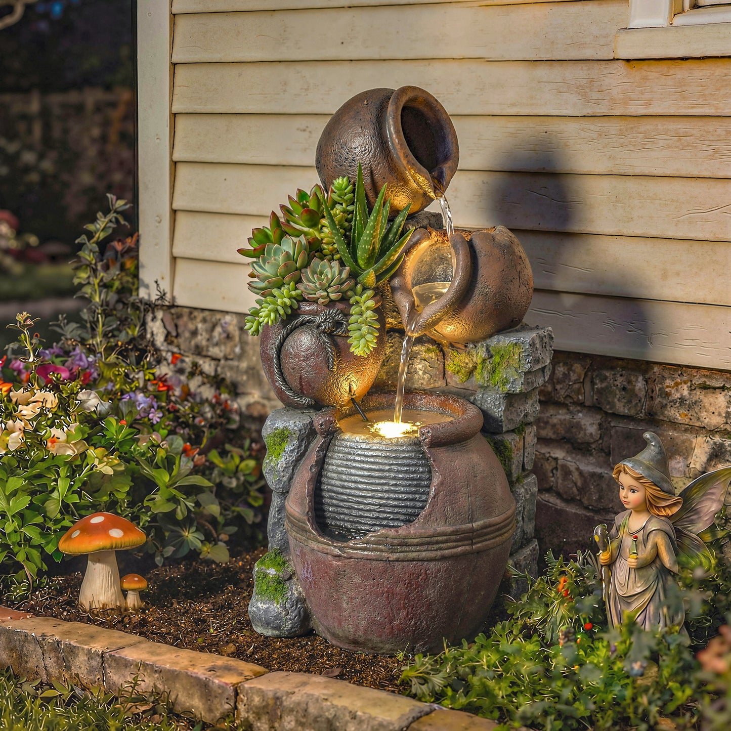 Outdoor Fountain with LED Lights, 4-Tier Garden Fountain