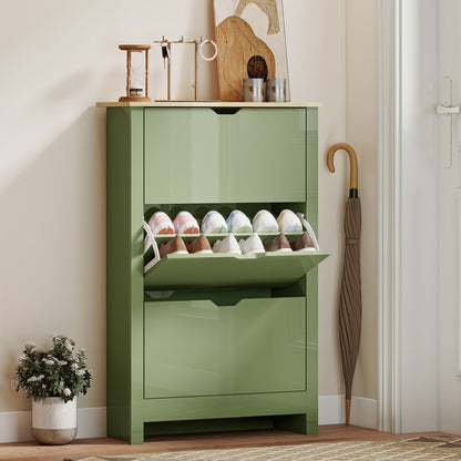 18-Shoe Storage Cabinet 6 Shelves 3 Drawers Tabletop High Gloss Green